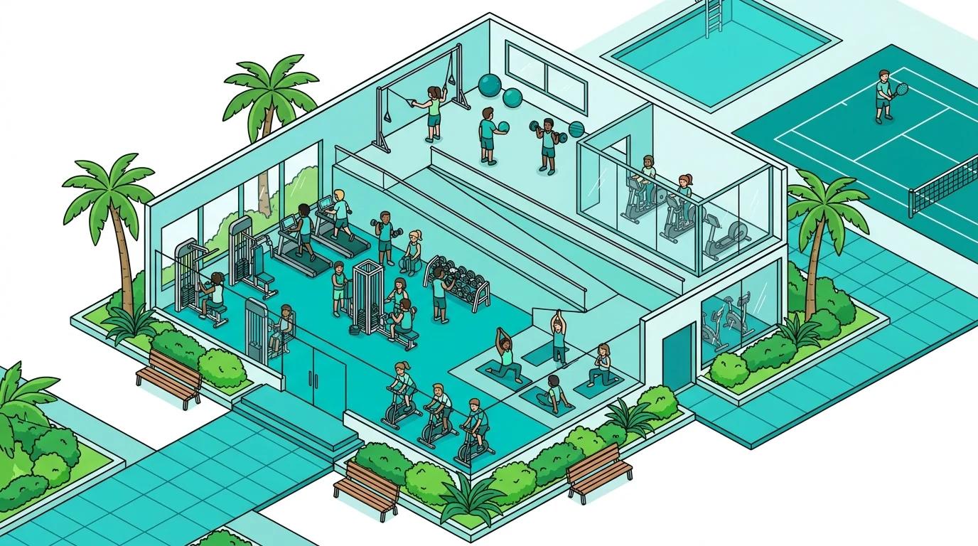 Modern gym interior with fitness equipment and people, illustrating real-time occupancy monitoring.