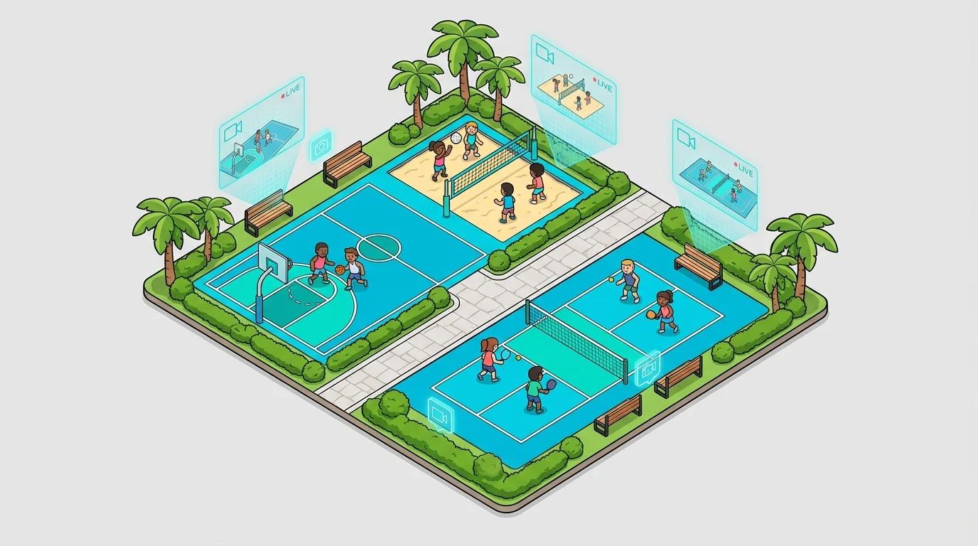 Overhead view of a dynamic indoor sports complex featuring multiple courts simultaneously hosting basketball, volleyball, and pickleball activities, with a digital interface showing real-time monitoring.