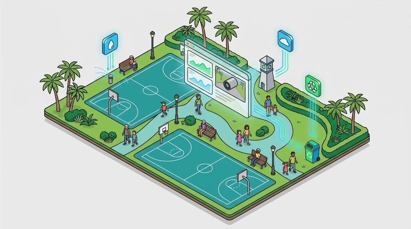 Hero image: Smart park ecosystem with integrated sensors and live visual feeds for proactive management.