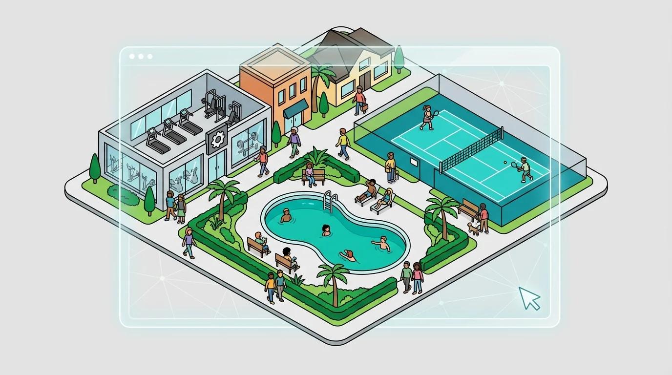 Vibrant HOA community with active amenities, viewed through a digital interface, symbolizing real-time visibility.