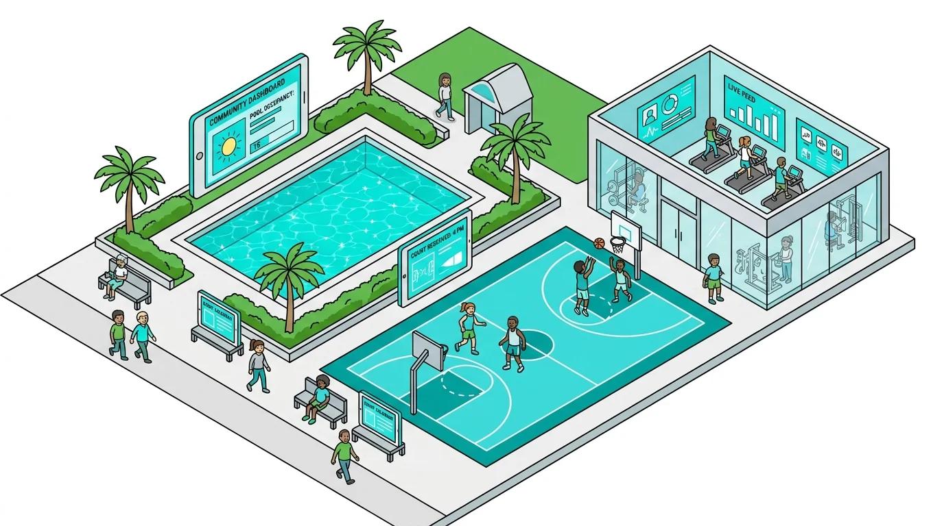 Modern sports facility with live camera feeds displaying digital advertisements to a diverse audience.