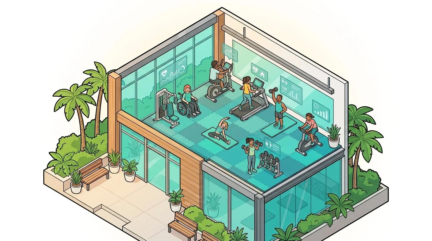 Illustration of a gym floor plan with data overlays showing equipment usage hotspots and cleaning routes.