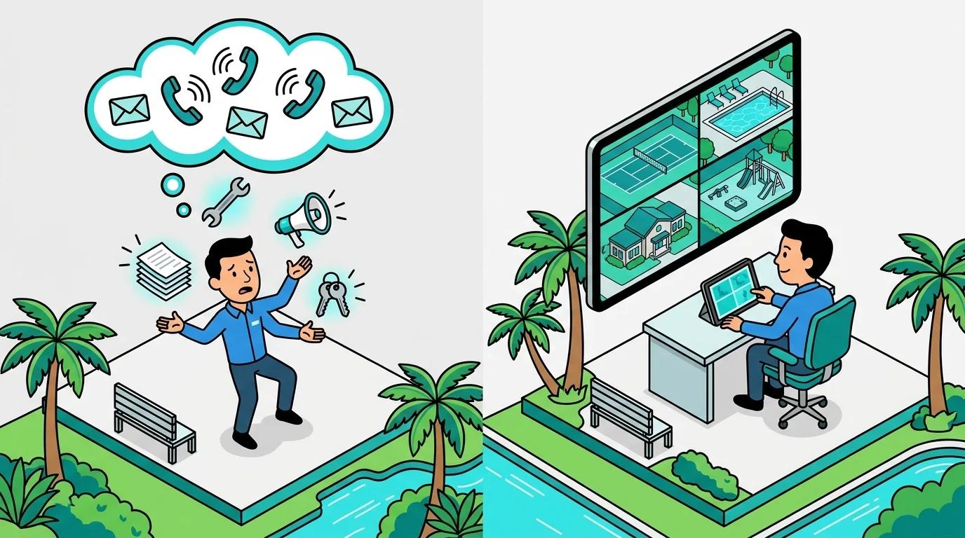 Illustration of an overwhelmed HOA property manager finding relief and efficiency through a live amenity viewing screen.