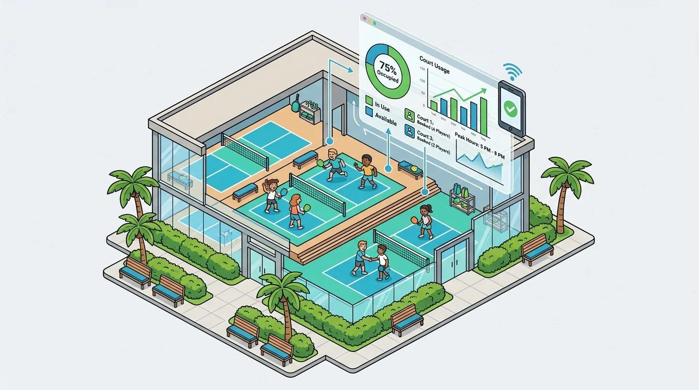 Hero image: Indoor pickleball facility with real-time court occupancy data overlay, symbolizing market differentiation.