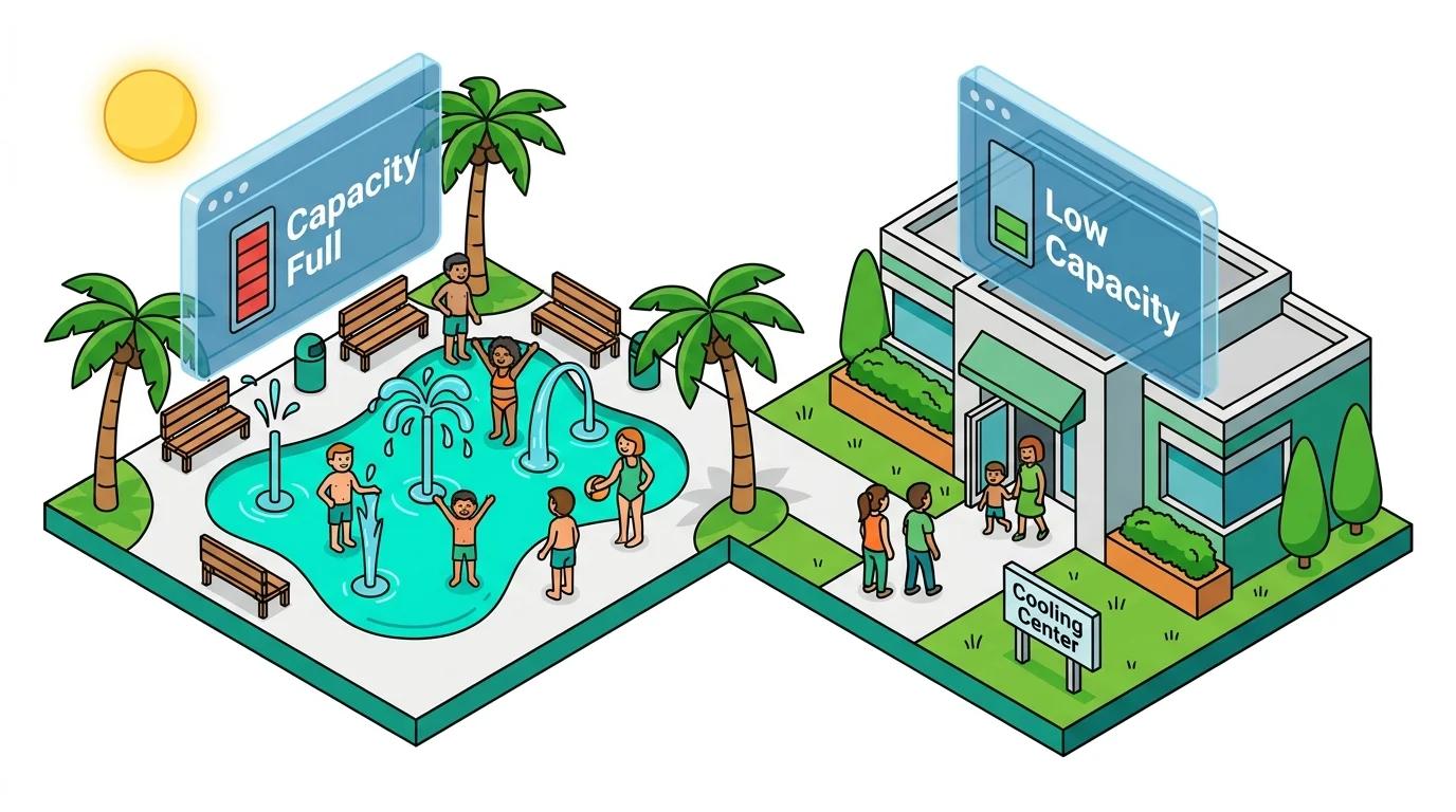 Illustration of a busy splash pad and cooling center, with digital signs indicating capacity levels during extreme heat.