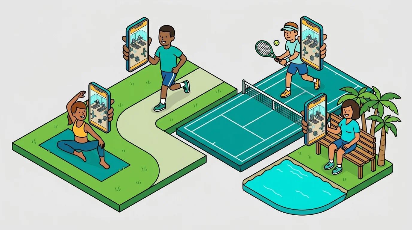 People using mobile fitness apps with live gym views before or during their workout.