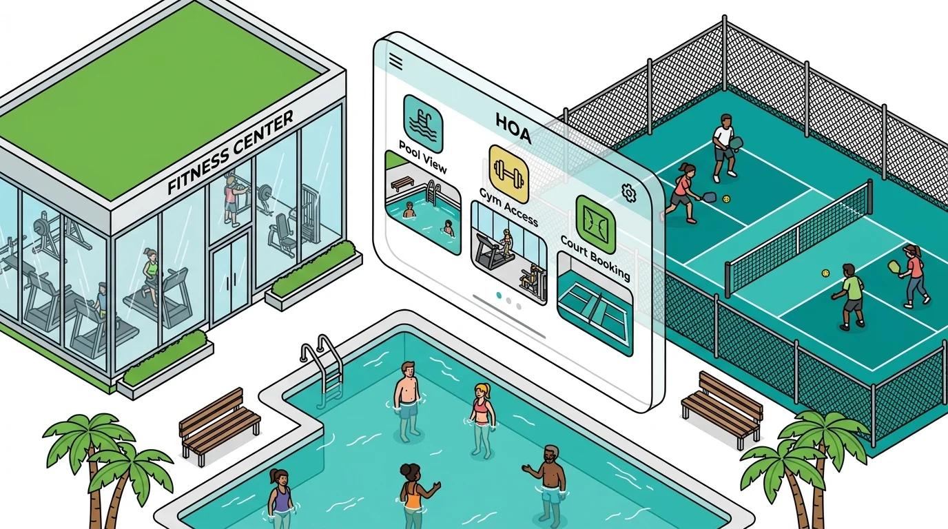Modern HOA community with residents using amenities and a mobile app showing live views.