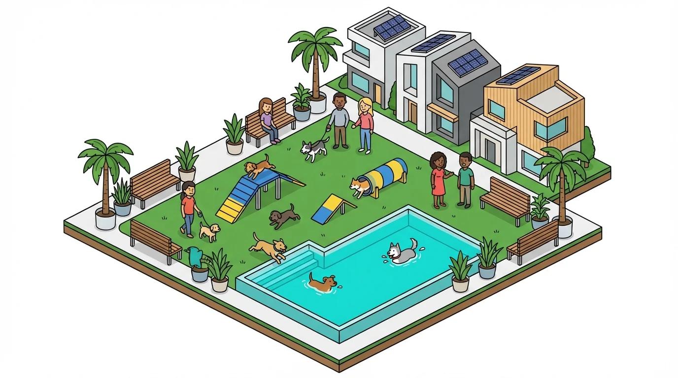 A vibrant community dog park in a modern HOA neighborhood with dogs playing and pet owners socializing