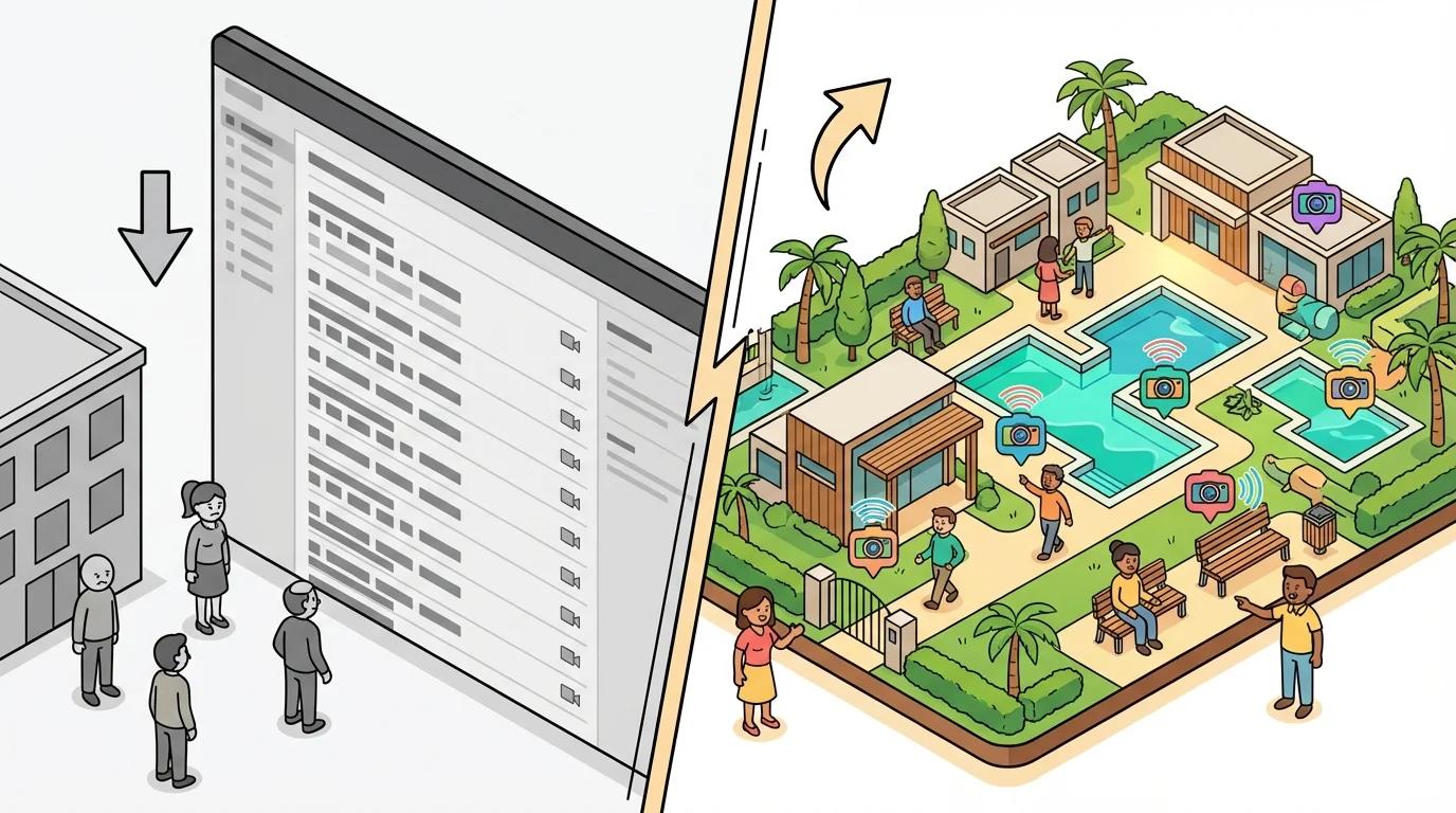 Before and after comparison showing text list versus visual map