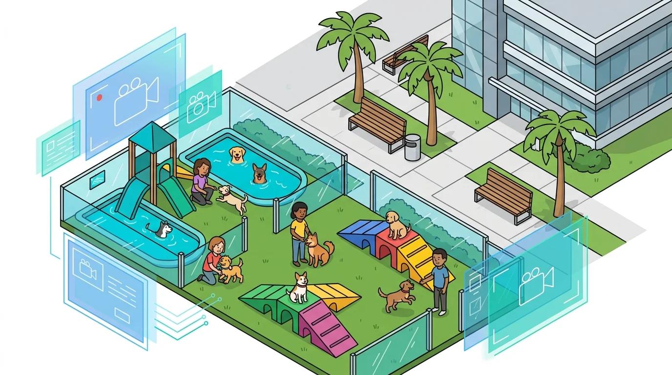 Happy dogs playing in a modern daycare, with a digital overlay indicating live streaming, symbolizing corporate pet care benefits.