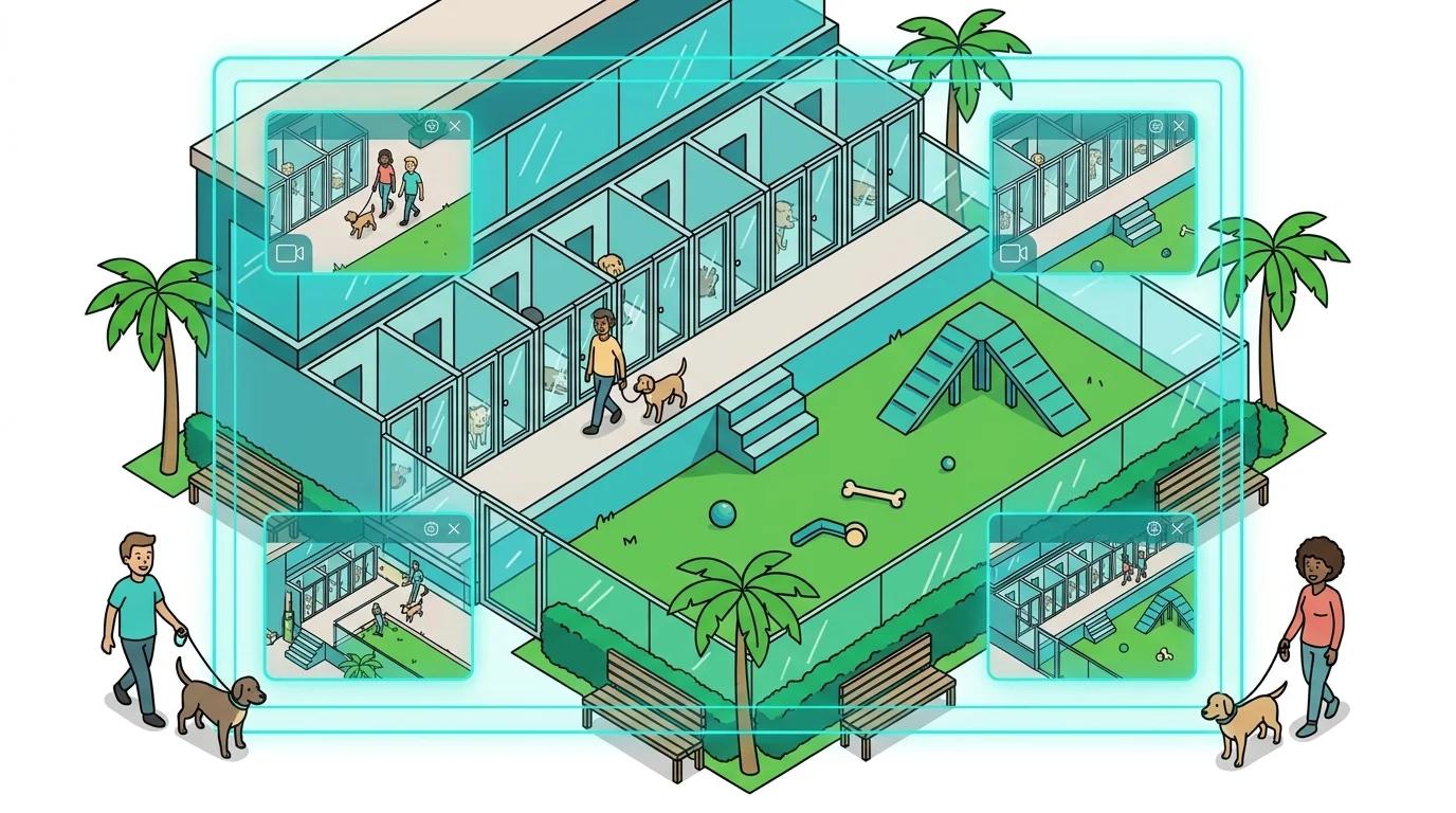 Illustration of a modern dog kennel facility with live camera feeds showing dogs in their enclosures and play areas.