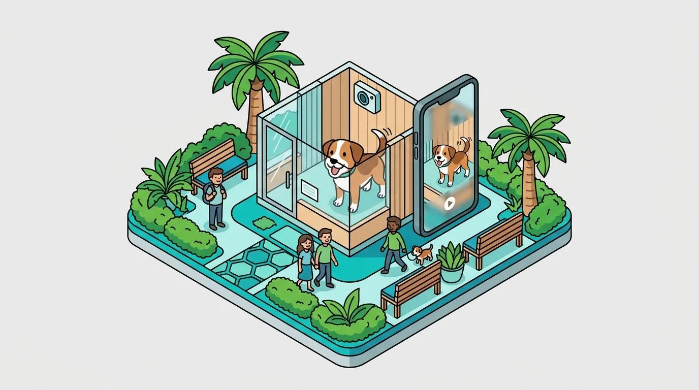 Happy dog in a modern kennel suite, with a smartphone showing live camera view, symbolizing premium pet boarding.