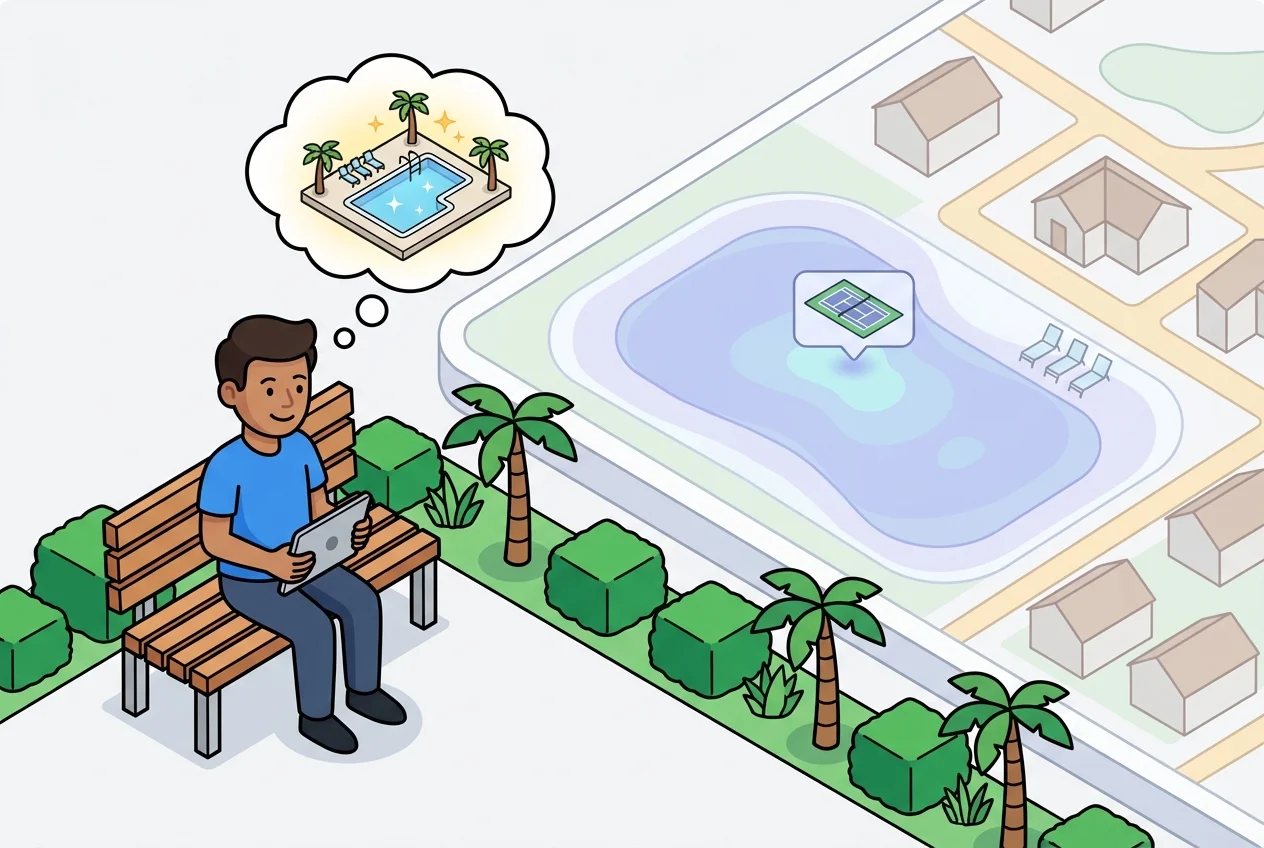 Illustration comparing a survey respondent's stated preference for an amenity with a heatmap showing low actual usage.