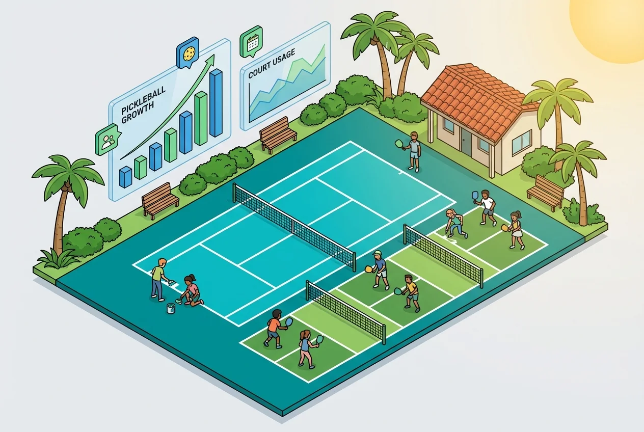Illustration of a tennis court being converted to multiple pickleball courts, with accompanying usage data charts justifying the change.