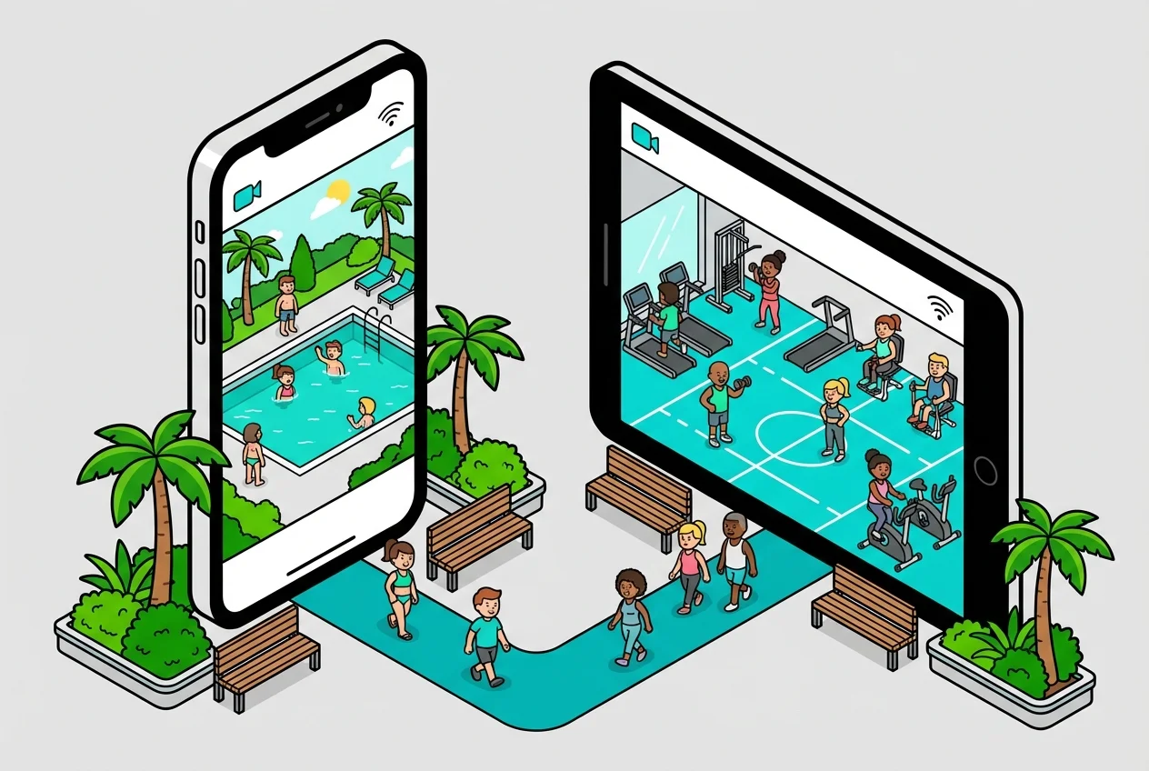 Amenivue app on phone and tablet showing live camera feeds of HOA pool and gym