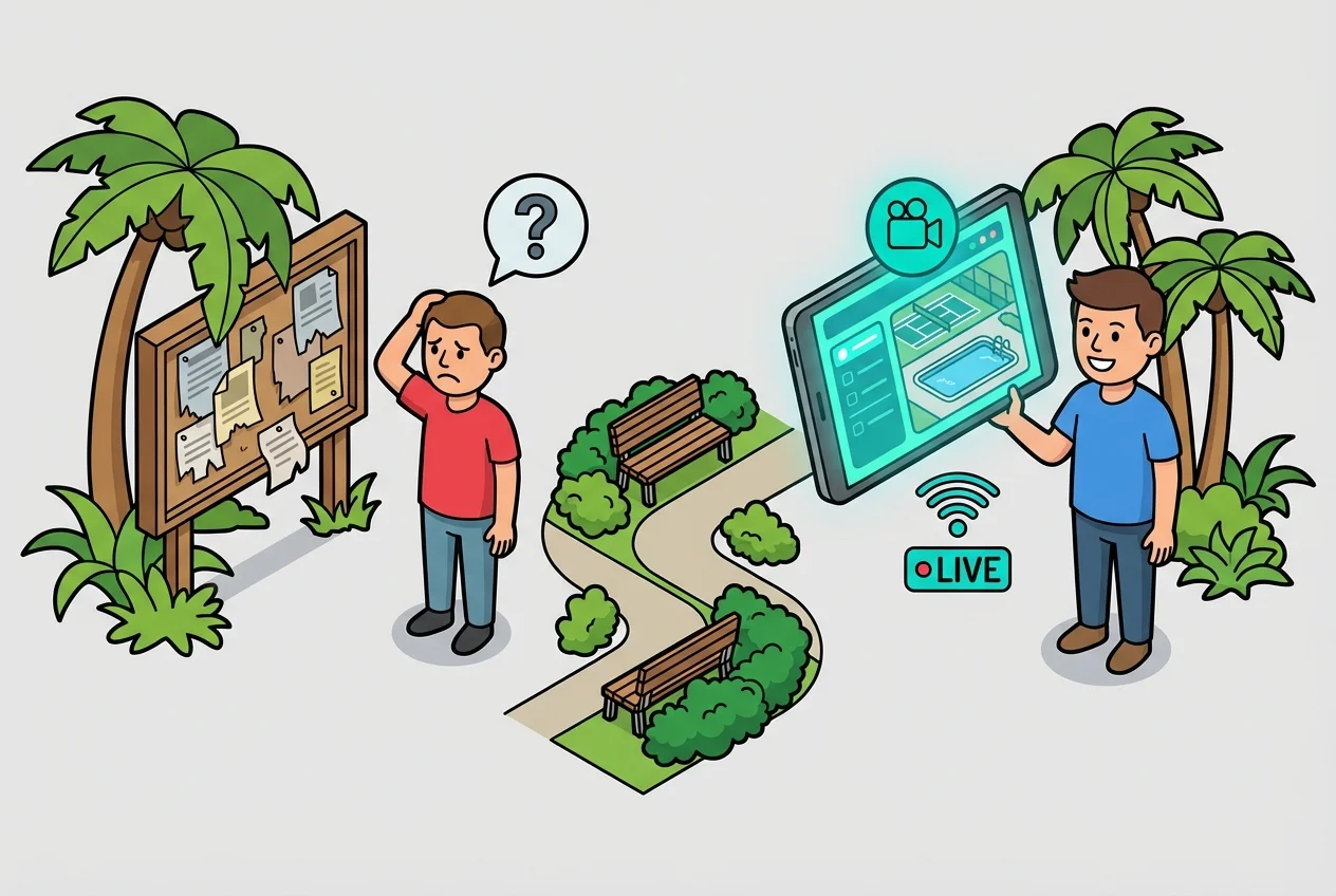 Comparison of outdated HOA communication versus real-time visual updates on a tablet.