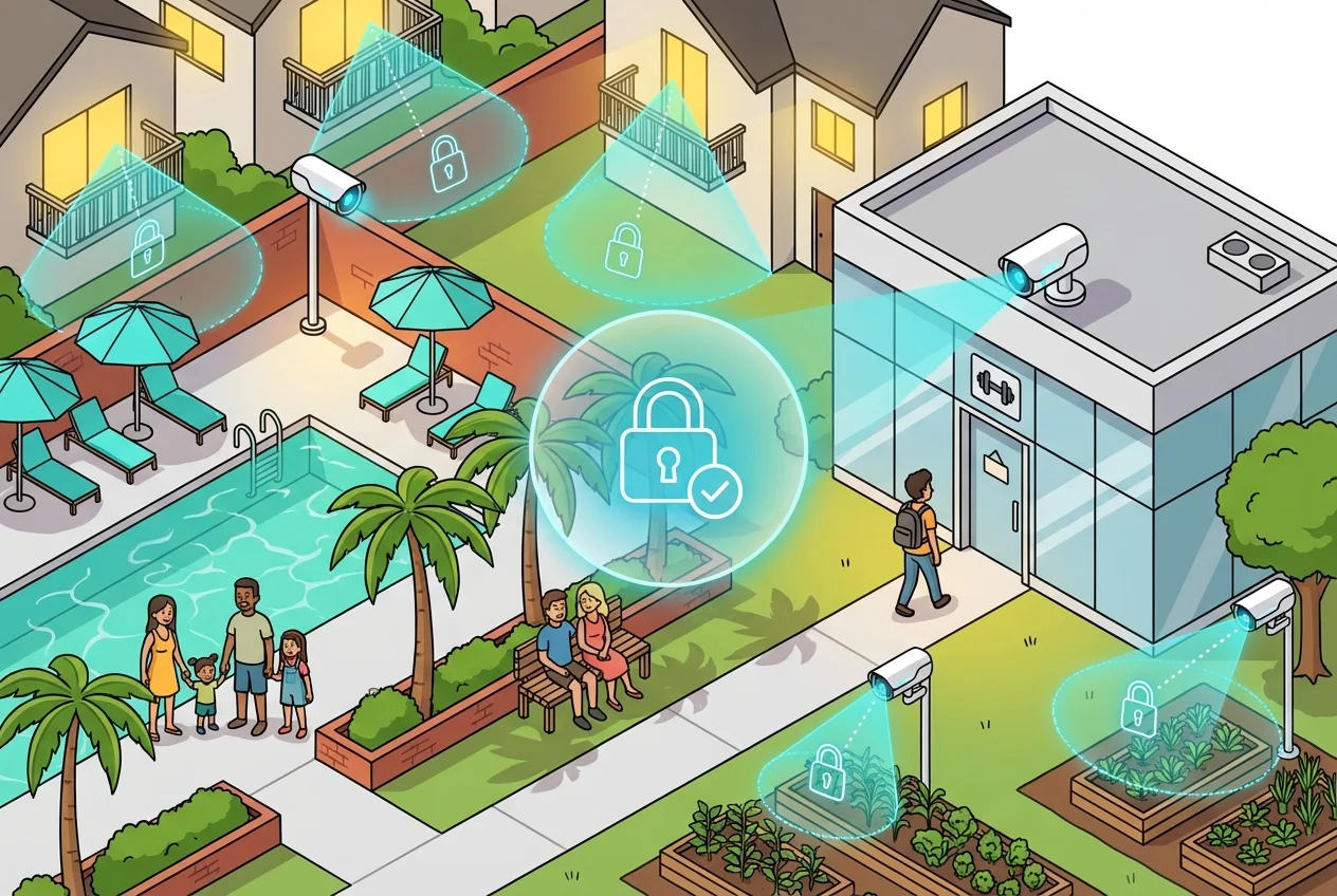 Diagram showing ethical camera placement in public HOA amenity areas, highlighting privacy considerations.