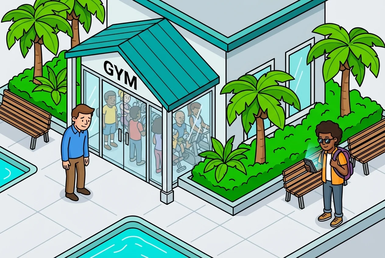 Crowded HOA gym entrance with frustrated residents, highlighting the problem of overcrowding.