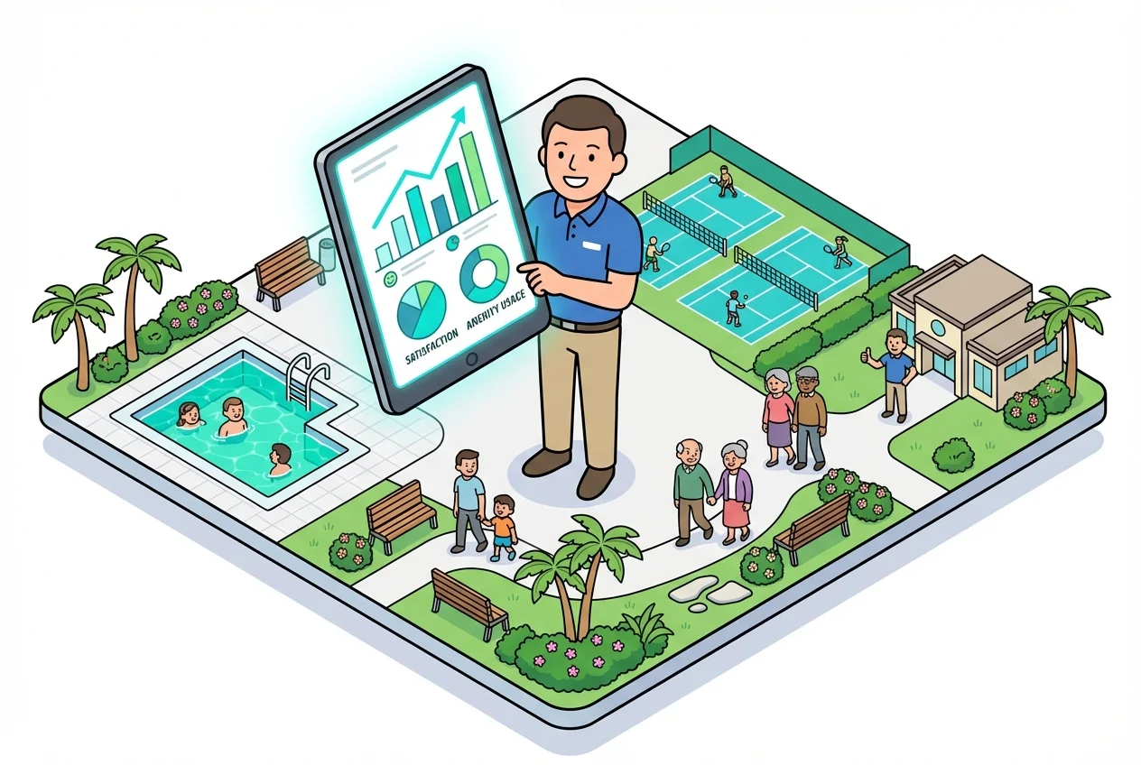 HOA property manager reviewing positive amenity feedback and usage data, indicating high resident satisfaction.