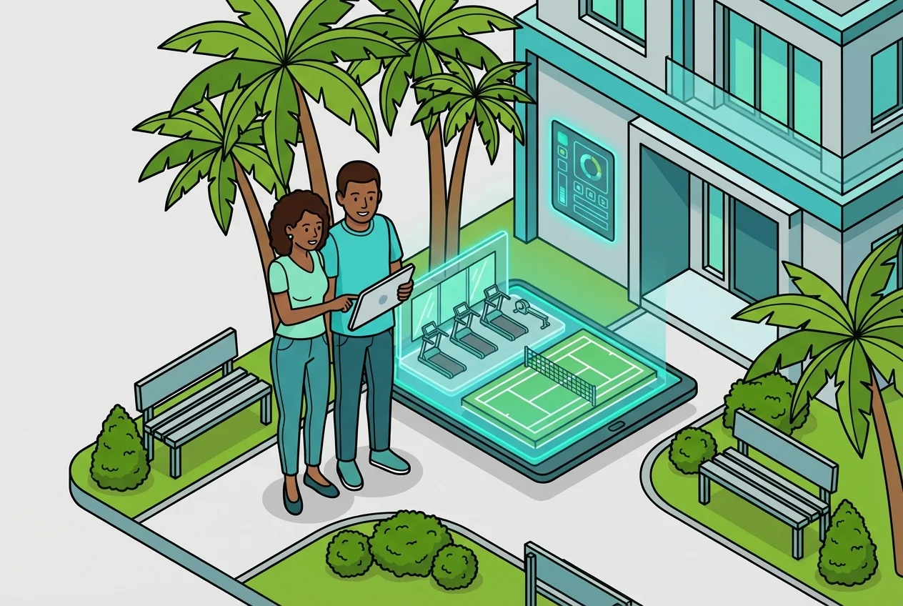 Homebuyers using a tablet to check real-time amenity availability in a smart community.
