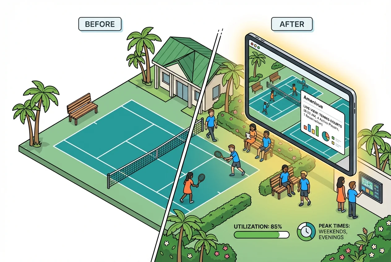 Comparison of static amenity photo versus dynamic Amenivue real-time view, highlighting transparency.