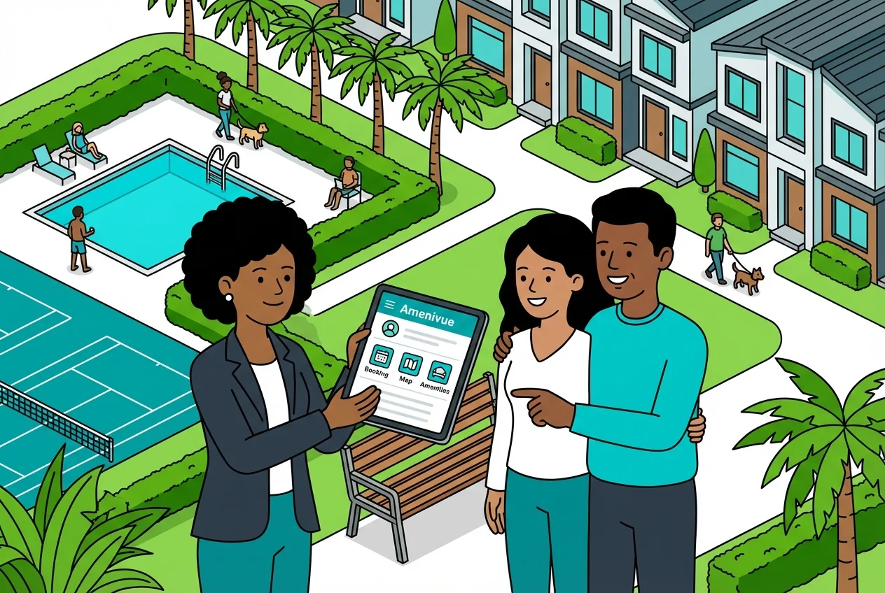 Realtor demonstrating smart amenity technology (Amenivue) to prospective homebuyers during a community tour.
