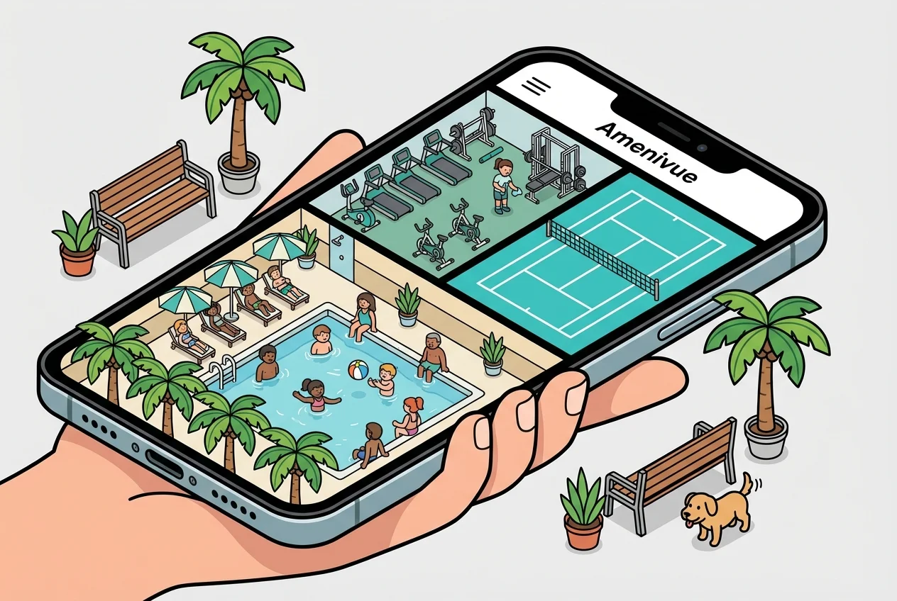 Smartphone screen showing Amenivue app with live camera feeds of HOA amenities like pool, gym, and courts.