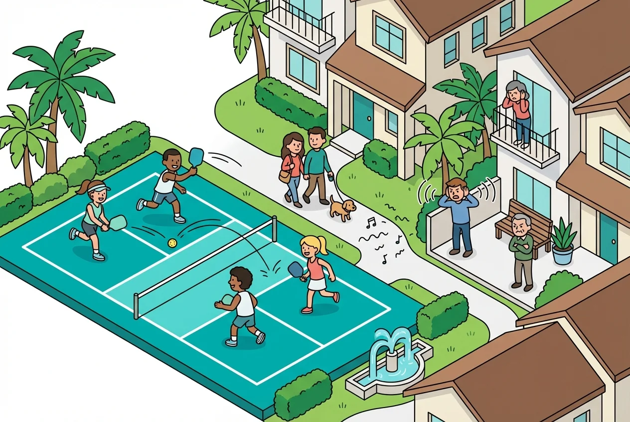 Residents experiencing noise disruption from a busy pickleball court in an HOA.
