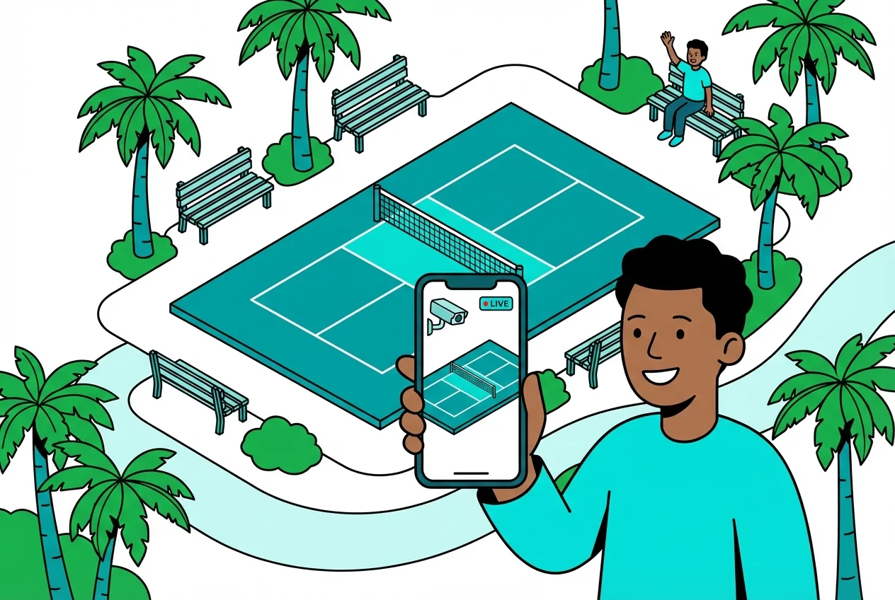 Resident checking an Amenivue live camera feed of a pickleball court on their phone before visiting.