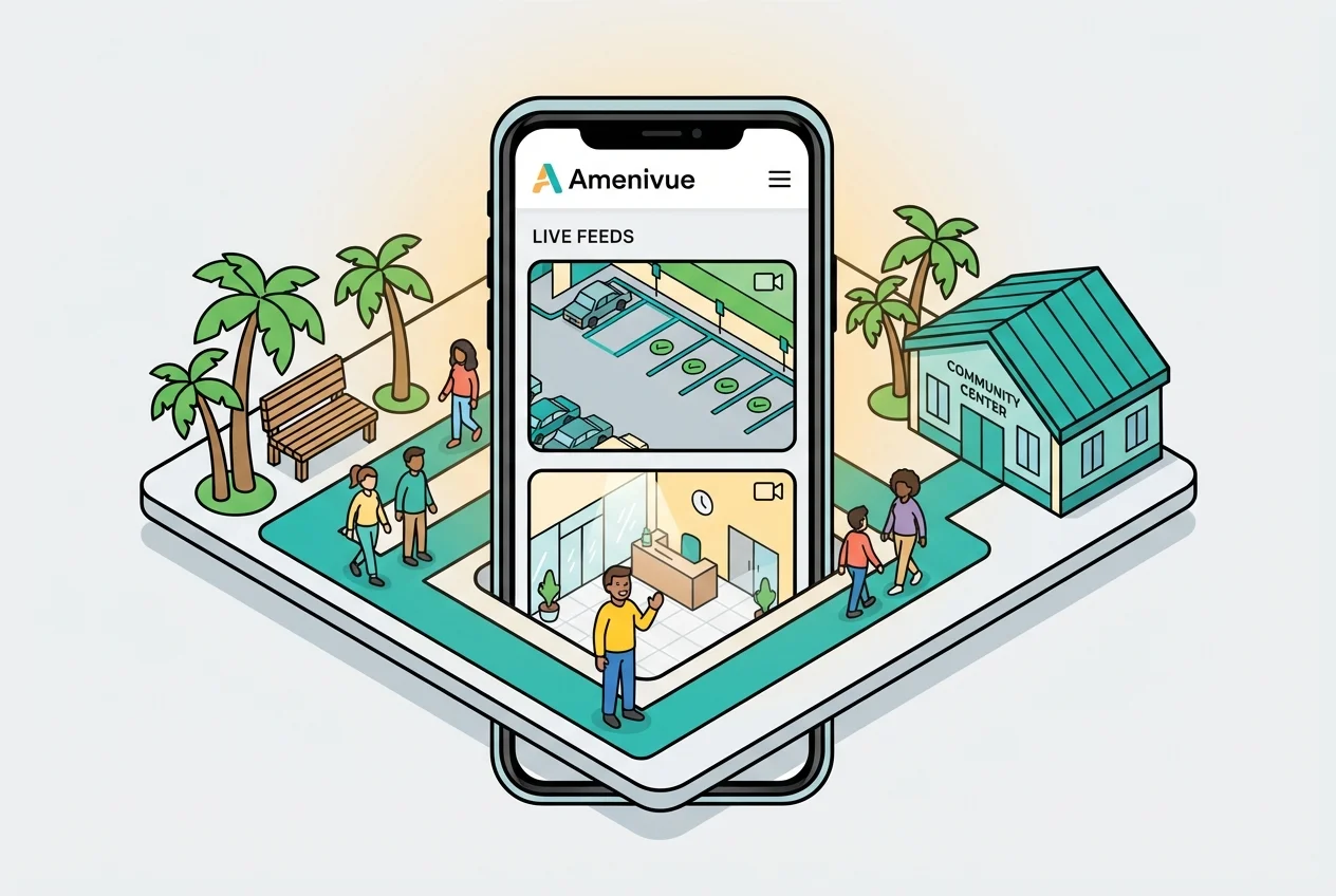 Amenivue app displaying real-time views of an available parking lot and clear sports complex lobby on a smartphone, used by a relieved parent.