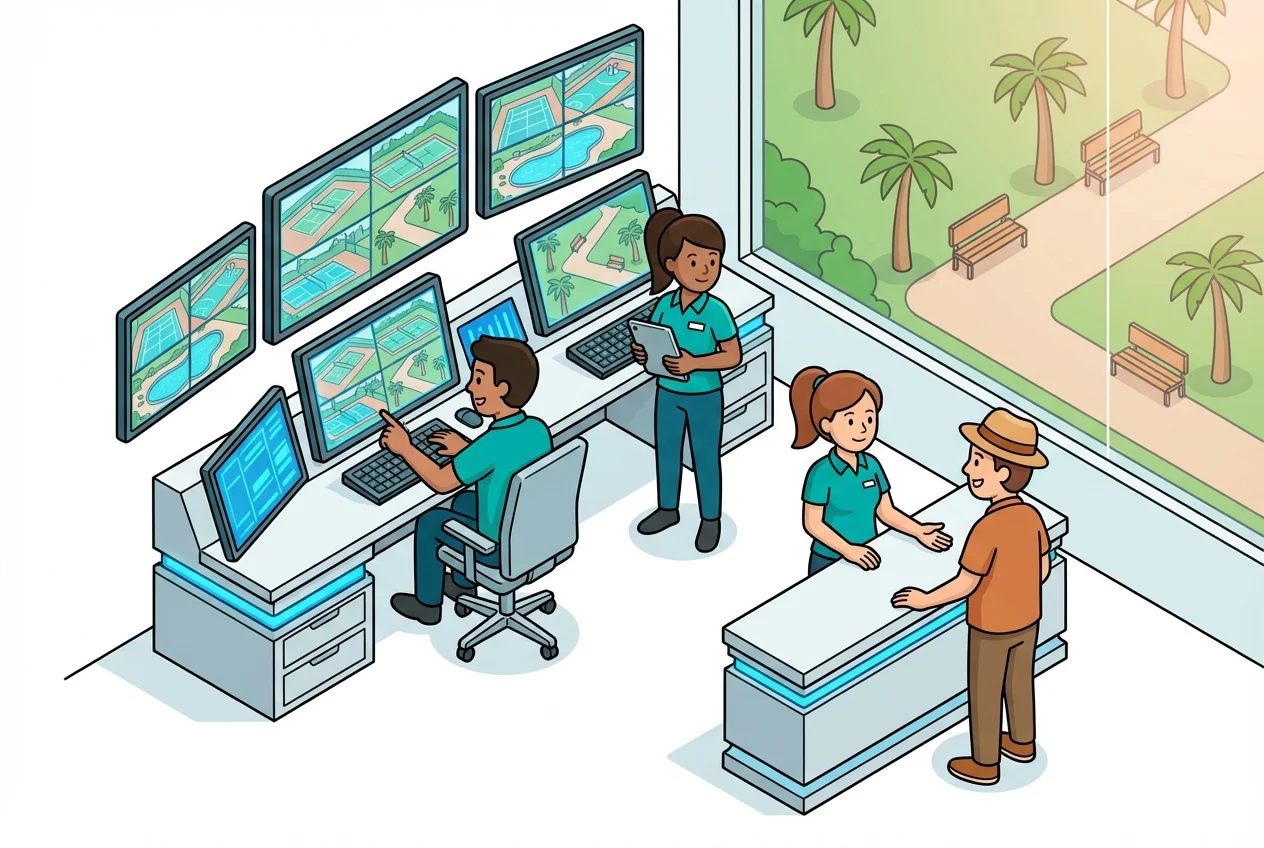 Sports complex staff using Amenivue live feeds to efficiently manage operations and assist visitors, showing reduced stress.