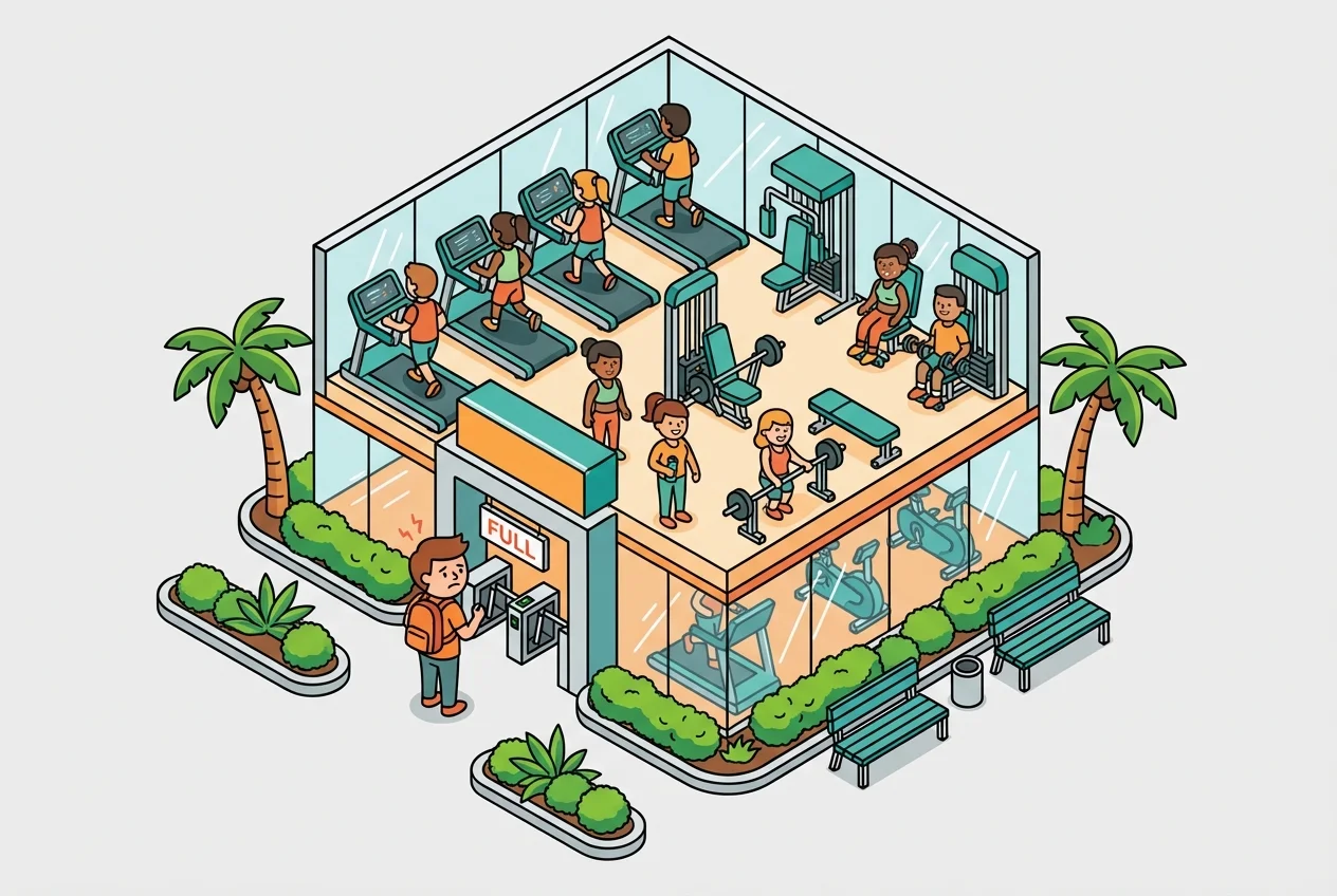 Illustration of a person looking frustrated in an overcrowded gym, symbolizing common friction points that lead to gym member attrition.
