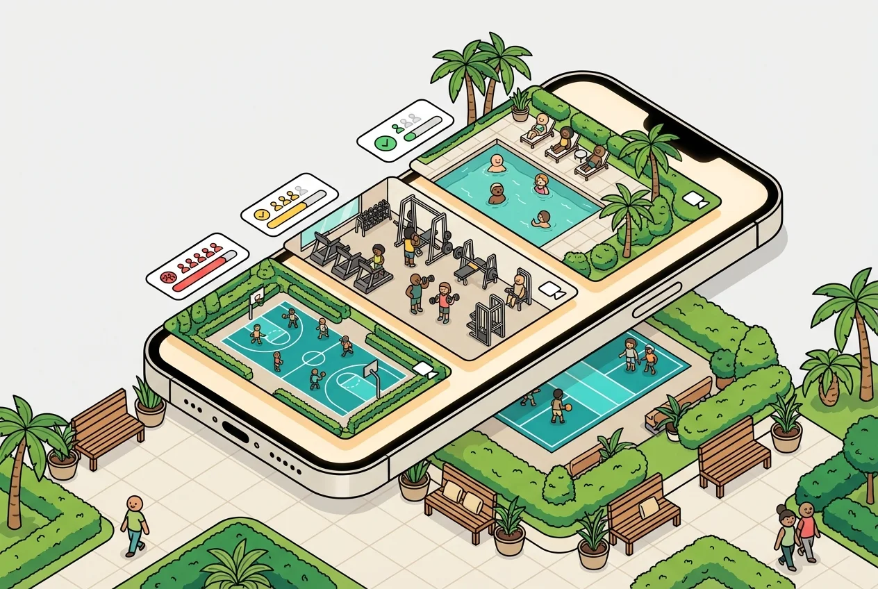 Amenivue app interface on a smartphone, showing real-time occupancy of gym amenities like a pool, weight room, and basketball court, illustrating how technology reduces gym friction.