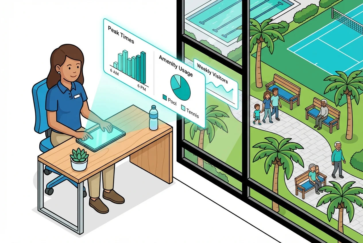 Gym manager analyzing a data dashboard on a tablet, visualizing amenity usage patterns and peak times for strategic staffing and operational efficiency in a fitness center.