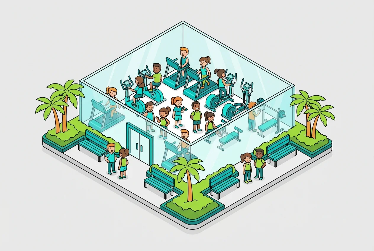 Crowded gym with people waiting for equipment, illustrating friction and its impact on reducing gym member retention.