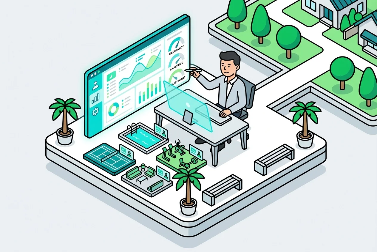 Gym manager analyzing a dashboard with fitness center crowd management data, demonstrating data-driven strategies for gym member retention 2026.