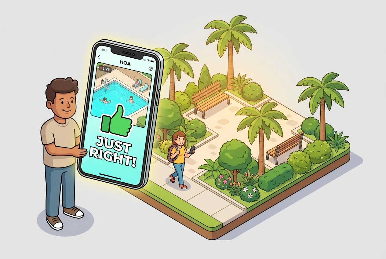 Smartphone showing live pool view, illustrating 'know before you go' convenience.