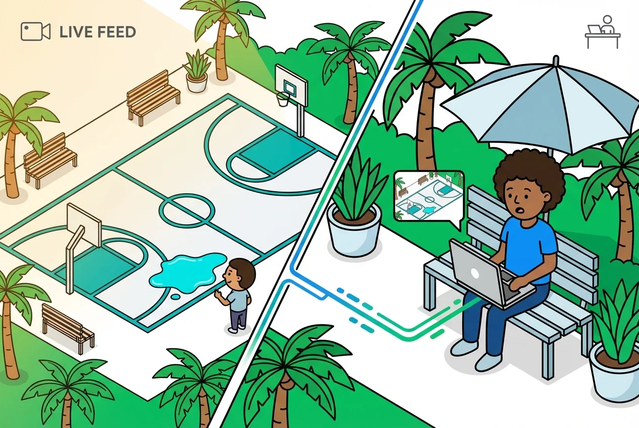 Remote monitoring of a basketball court showing a puddle, with a league organizer identifying the issue on a laptop screen.