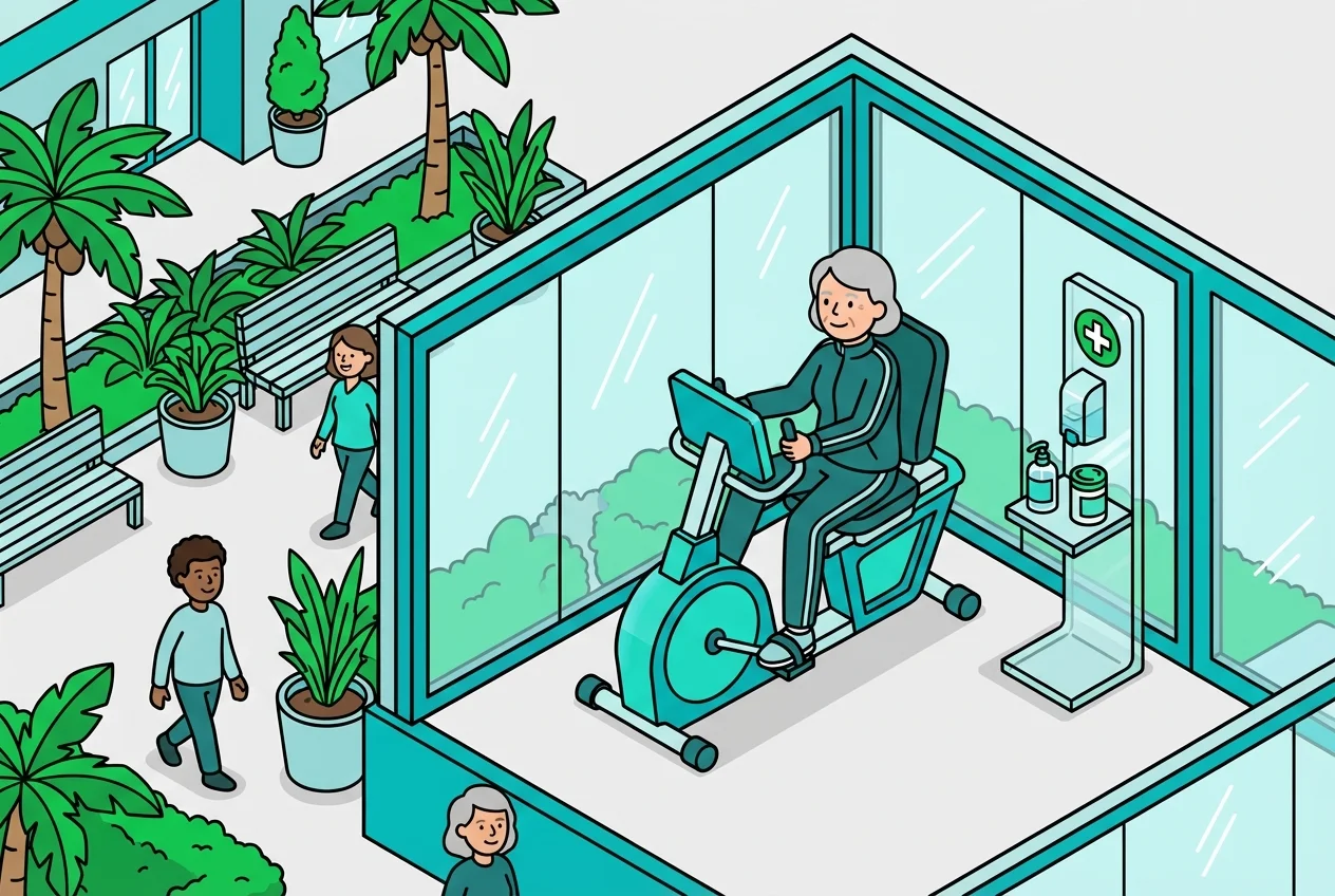 Senior woman exercising in a clean, uncrowded gym, highlighting safety and comfort.