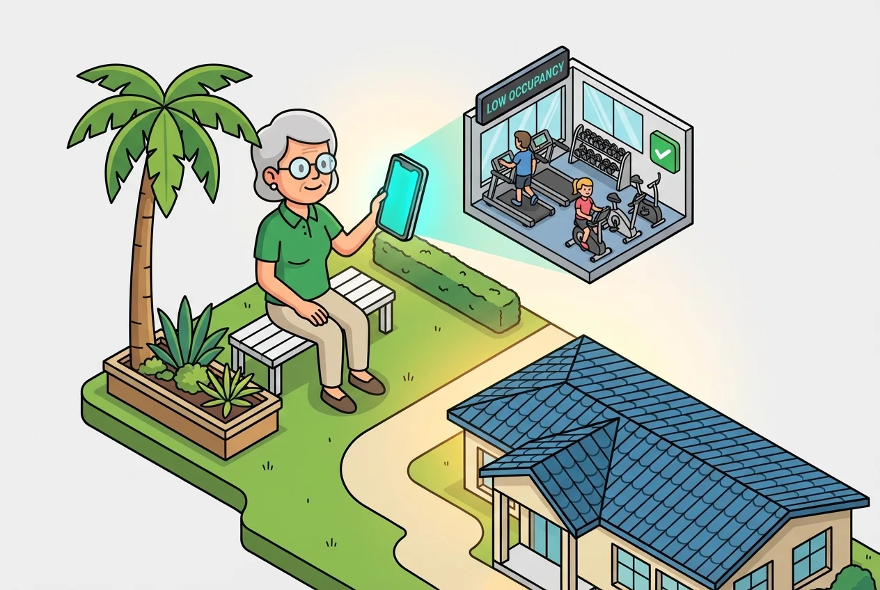 Smartphone showing real-time gym occupancy, empowering seniors to find quiet hours.