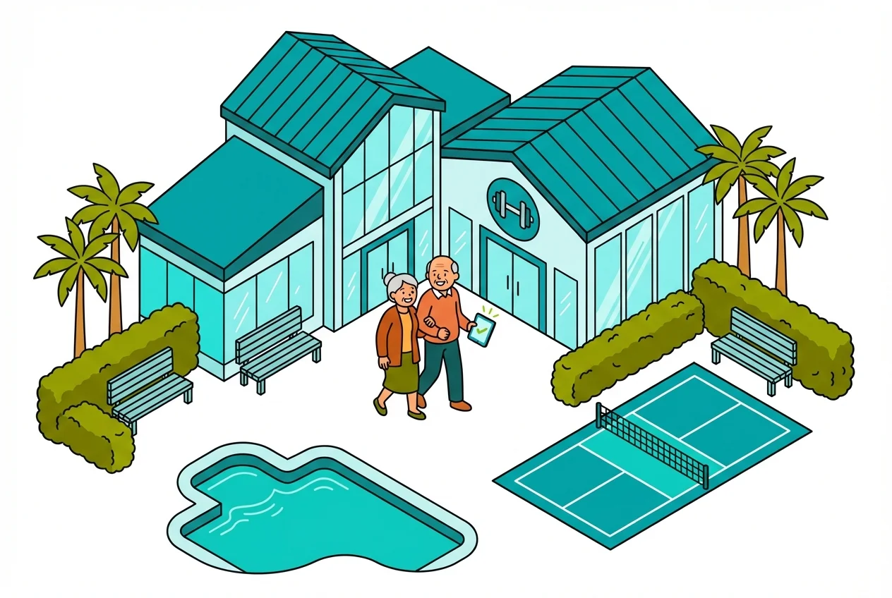 Confident senior couple entering a gym after checking real-time amenity status, reducing gymtimidation.