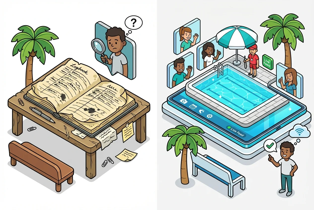 Comparison of outdated paper maintenance logs versus modern digital visual documentation for HOA amenities.