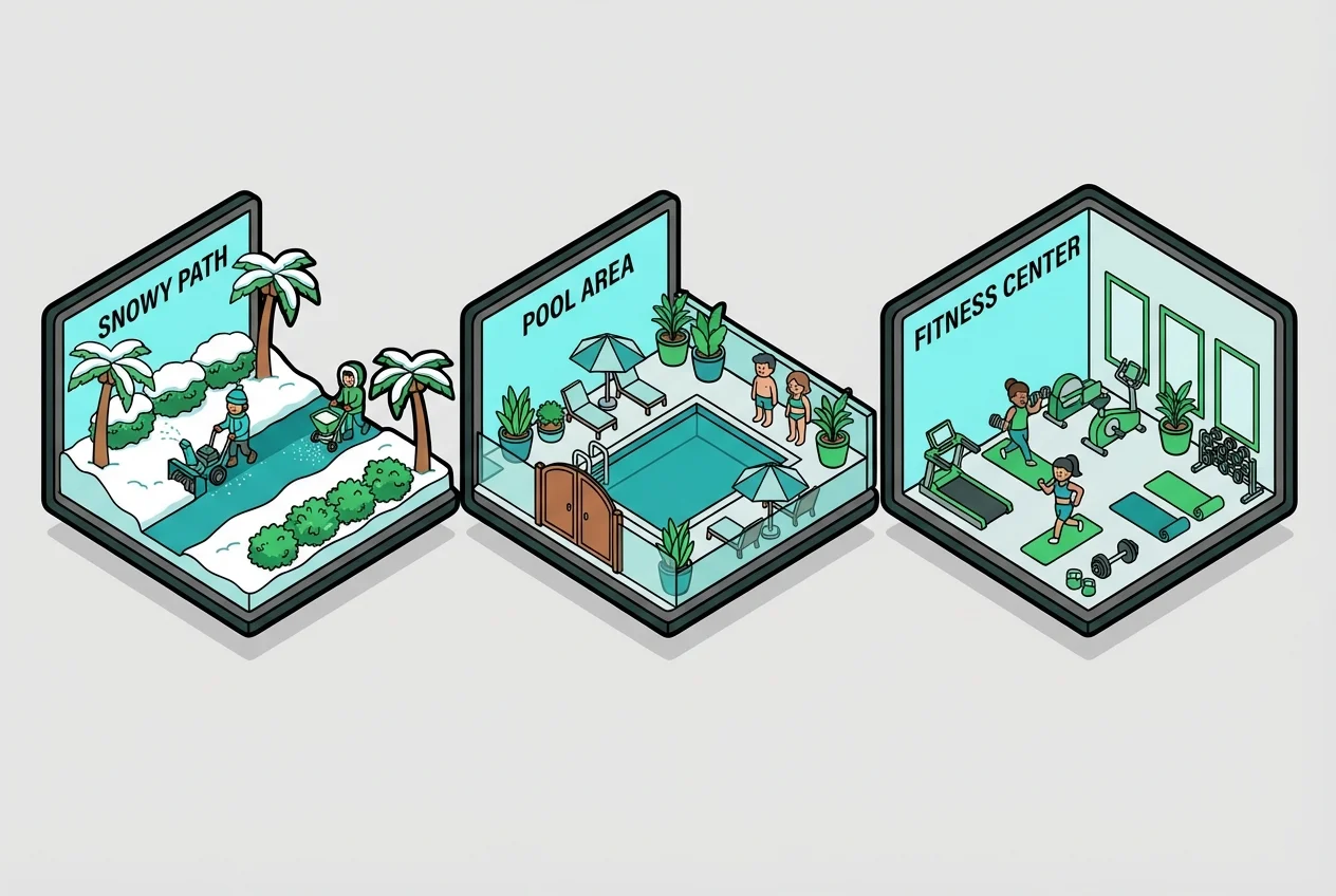 Screenshots showing real-time amenity monitoring for snow removal, pool safety, and fitness center maintenance.