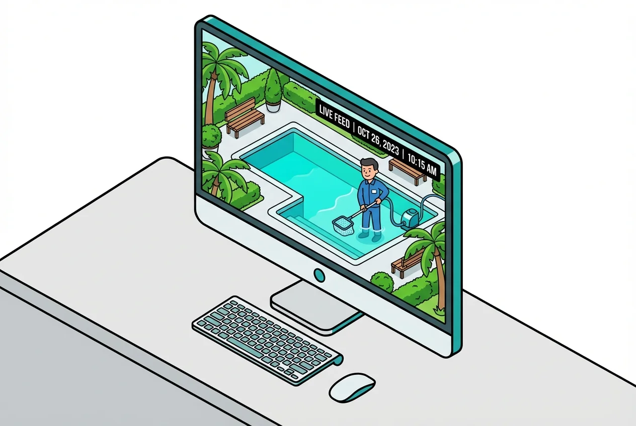 Computer screen showing a timestamped live camera feed of a vendor cleaning an HOA pool, demonstrating proof of work.