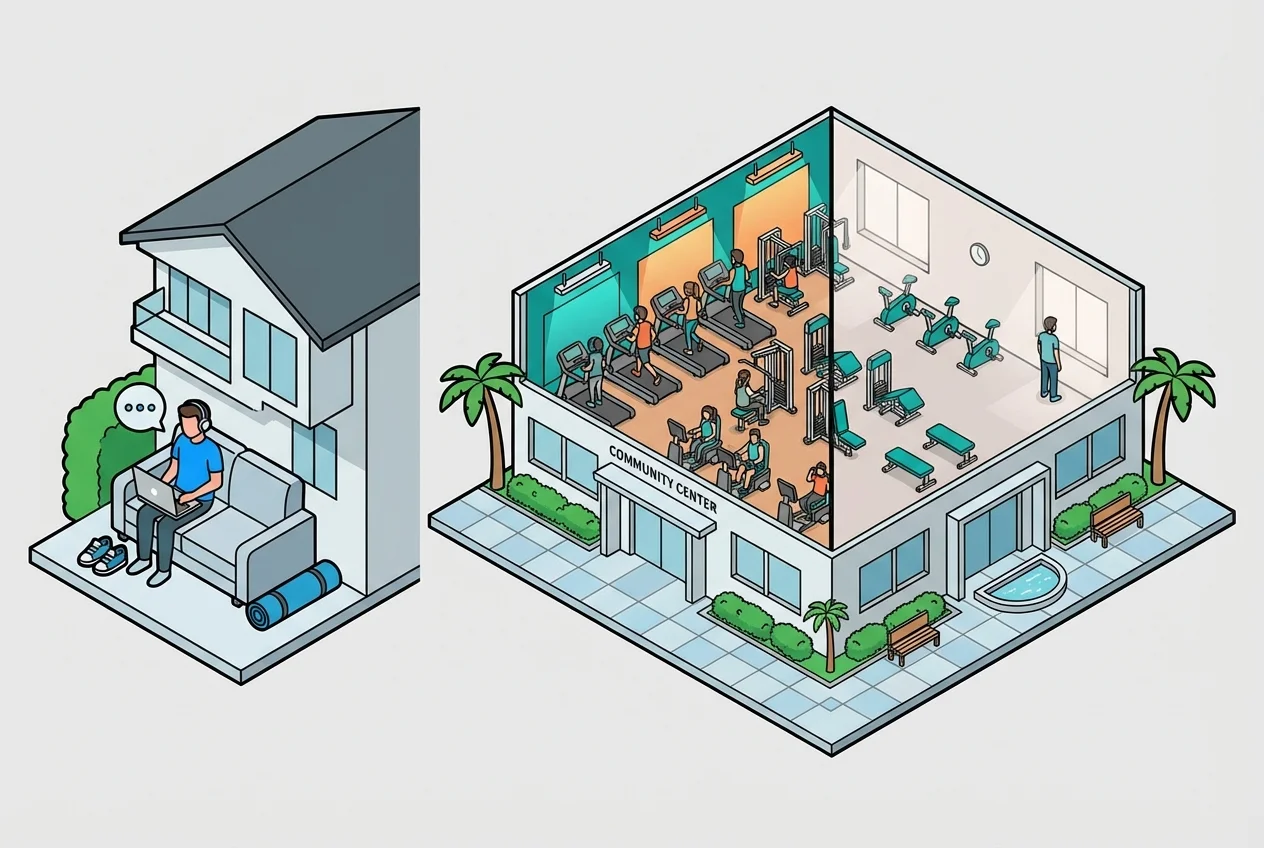 Hybrid fitness member at home deciding whether to go to a gym, illustrating the 'commute gamble' and need for real-time information.