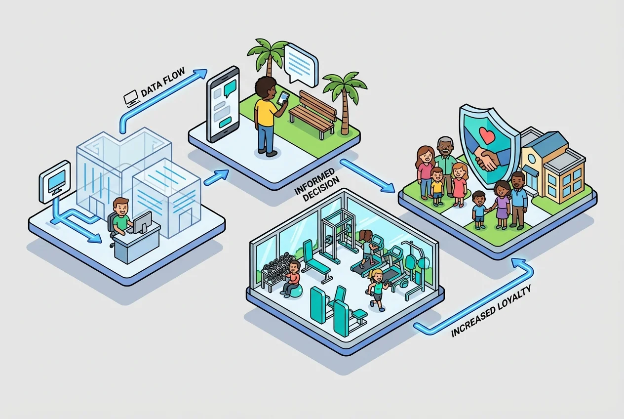 Flowchart illustrating how real-time gym occupancy data leads to improved member trust, informed decisions, and ultimately higher retention rates.