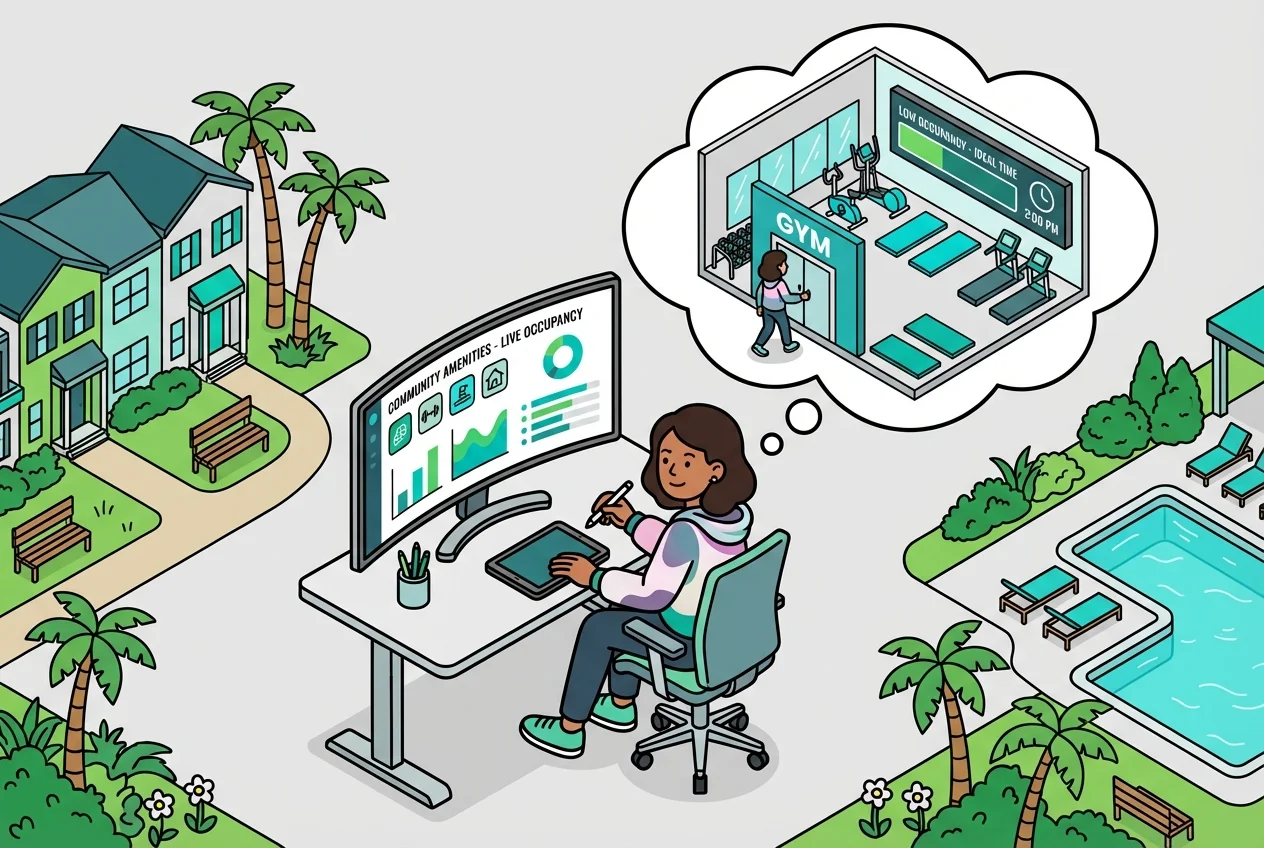 Work-from-home professional using real-time gym data to schedule an off-peak workout, demonstrating flexible planning.