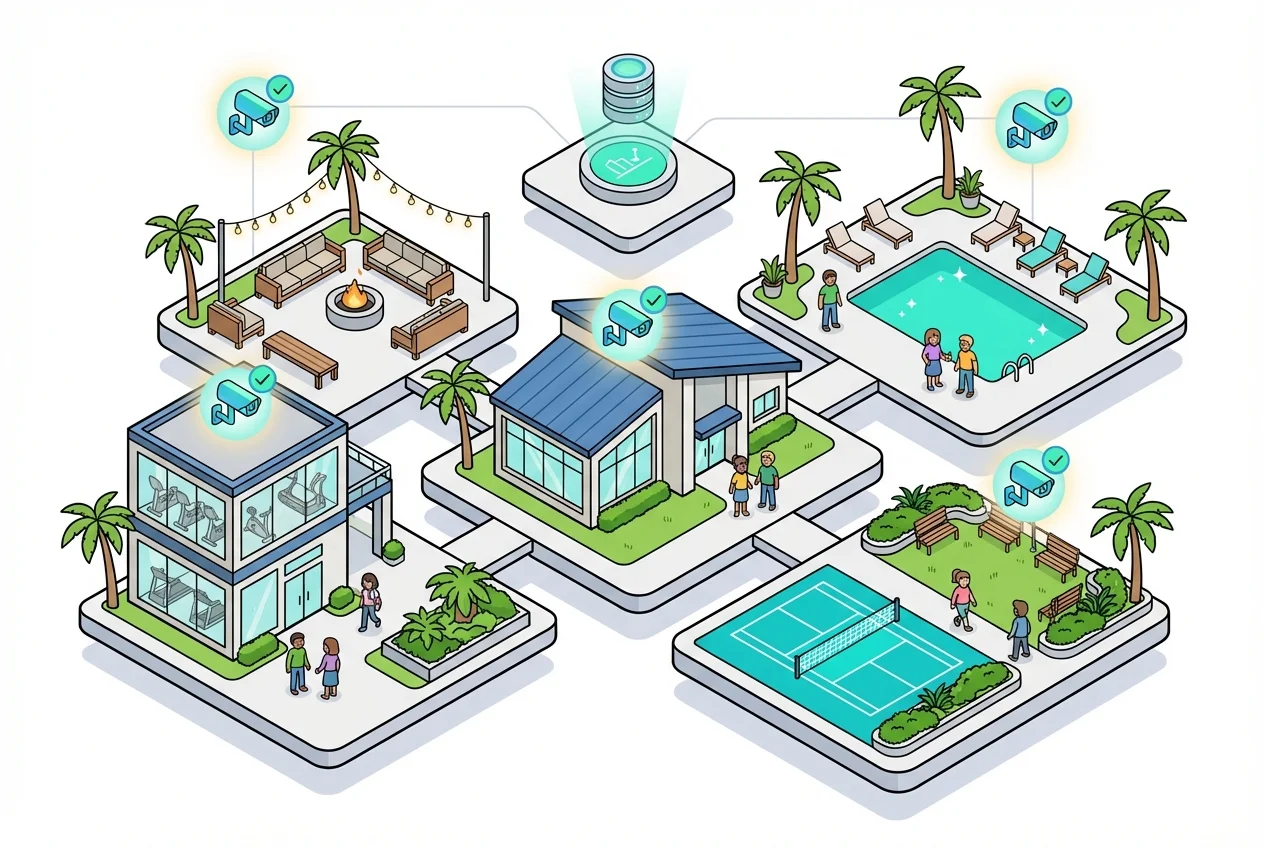 Infographic of an HOA community map highlighting multiple amenity zones optimized for remote work with Amenivue.