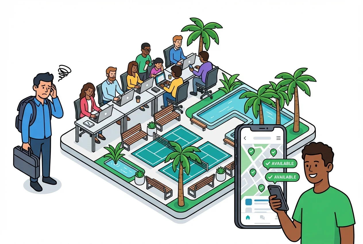 Frustrated remote worker at full HOA business center vs. happy worker checking amenity availability on phone.