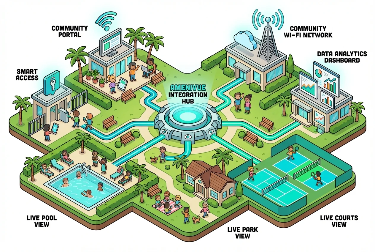 Infographic depicting Amenivue's seamless integration with HOA community portal, Wi-Fi, and data analytics.